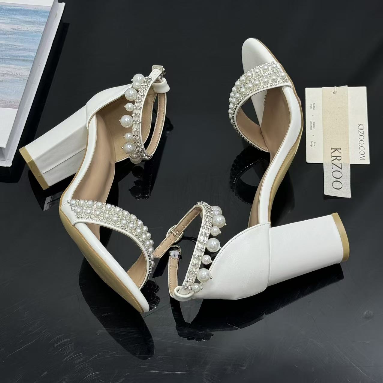 White ankle strap pearl necklace sandals