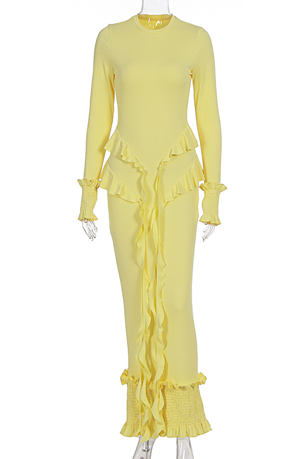 Round Neck Long Sleeve Ruffled Trim Slim Fit Maxi Dresses-Yellow