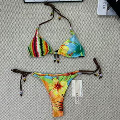 Tropical flower print beaded strapless bikini