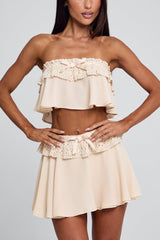 Strapless Ruffled Crop Top Guipure Mini Skirt 2pcs Set-Beige Pre Order