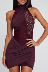 Halter Ruched Mesh Slim Fit Rhinestone Party Mini Dresses-Red Pre Order