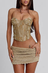 Embroidery Tube Corset Top Bodycon Mini Skirt 2pcs Set-Khaki Pre Order