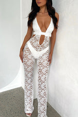 See Through White Lace V Neck Cutout Sleeveless Jumpsuit  White