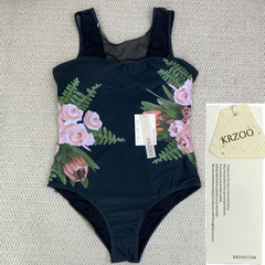 Printed backless net fabric patchwork swimming suit