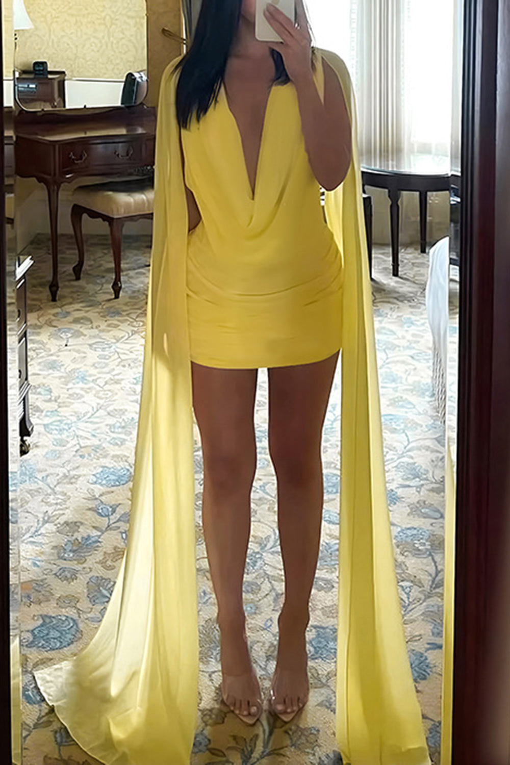 Cowl Neck Long Streamer Chiffon Pleated Mini Dress-Yellow