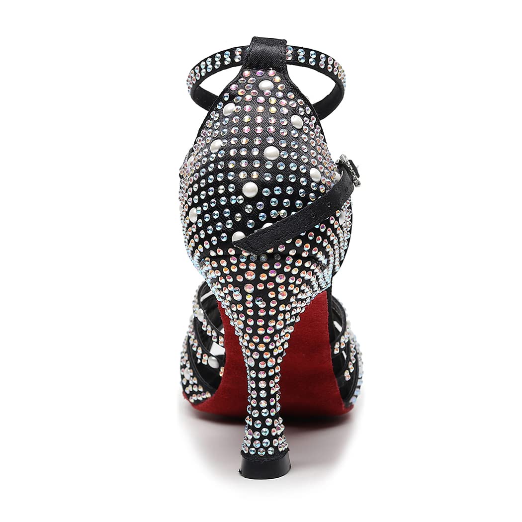 Women's Black Customized Heel Satin Rhinestones Strappy Ballroom Latin Dance Shoes