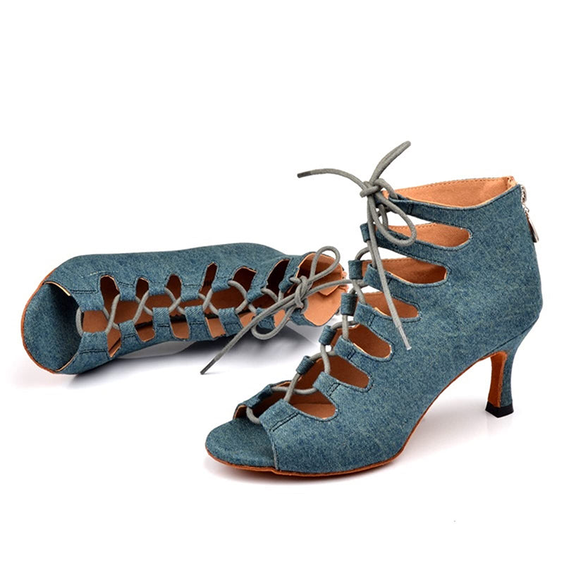Women's Blue Denim Customized Heel Dance Boots Salsa JazDance Shoes