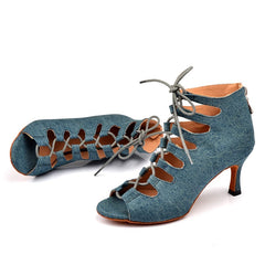Women's Blue Denim Customized Heel Dance Boots Salsa JazDance Shoes