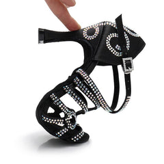 Women's Black Satin Customized Heel Ballroom Rhinestones Strappy Dance Shoes