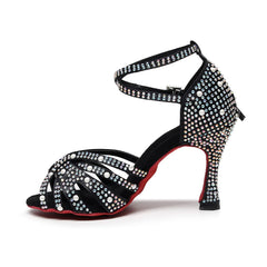 Women's Black Customized Heel Satin Rhinestones Strappy Ballroom Latin Dance Shoes