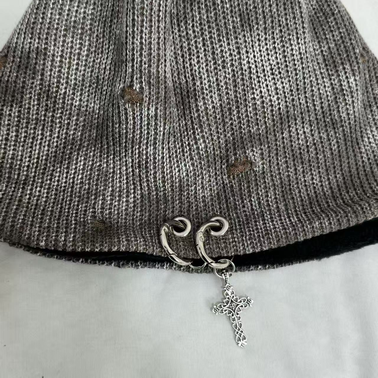 Cross-Patterned Distressed Knitted Wool Beanie