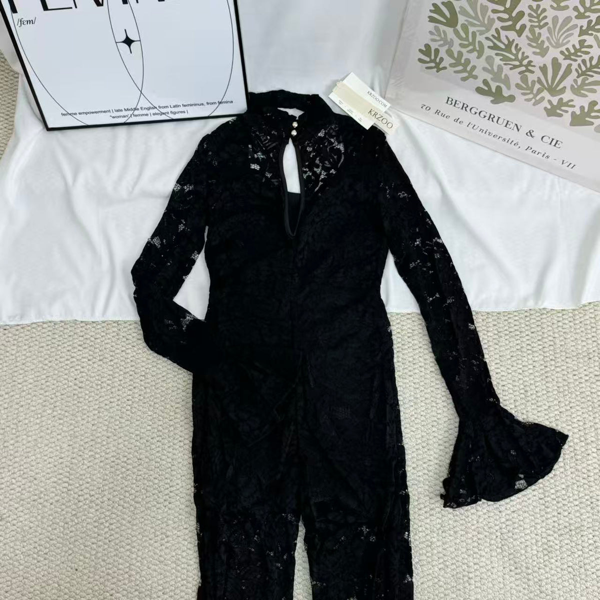 Lace Jumpsuit With Slit Flared Sleeves