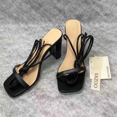 Square-toe lace-up high-heeled shoes
