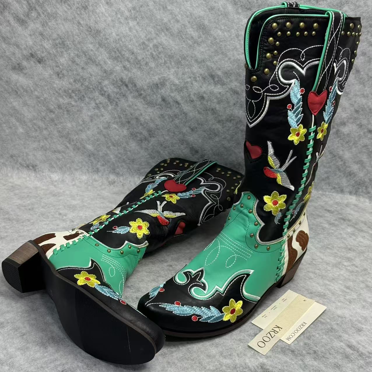 Embroidered rivet color-matched high boots