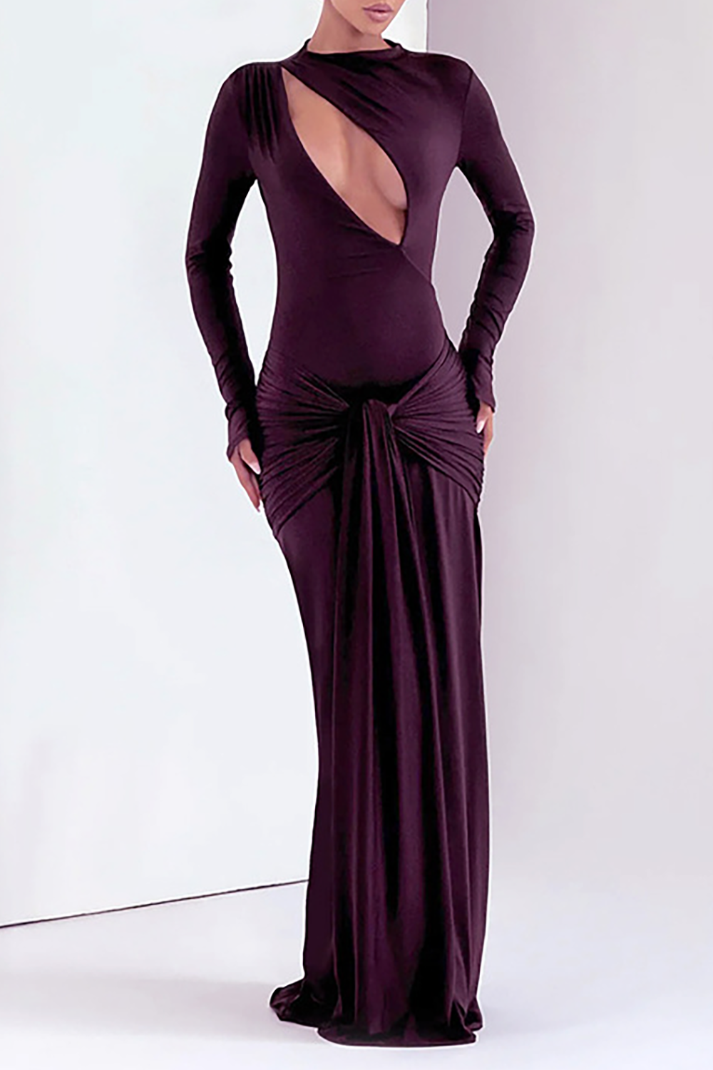 Cutout Round Neck Long Sleeve Ruched Long Streamer Slim Fit Maxi Dresses-Purple
