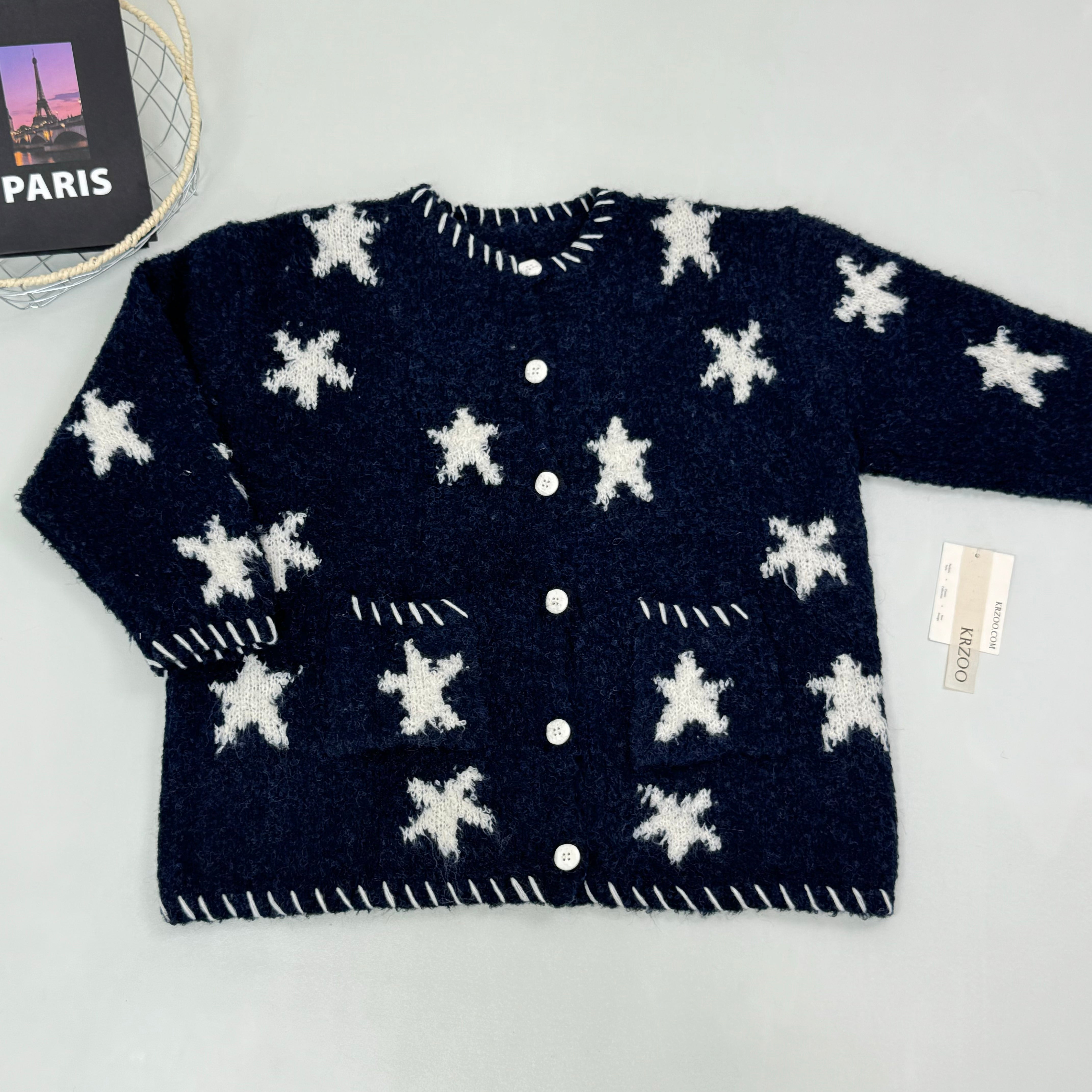Dark blue star-patterned knitted sweater coat