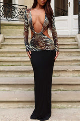 Plunging Neck Open Back Print Mesh Patchwork Maxi Dresses-Black Pre Order