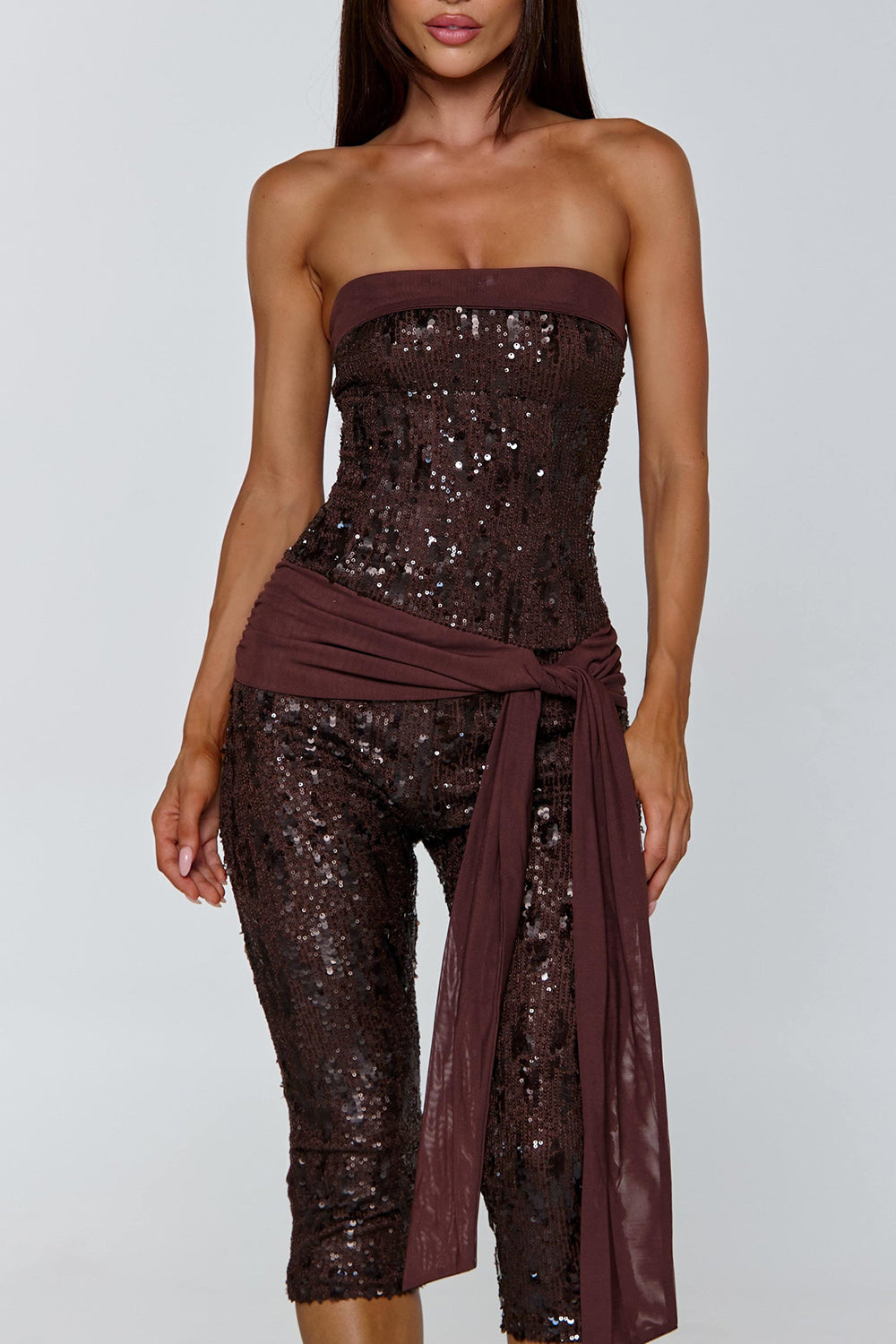 Sequin Strapless Neckline Party Bodycon Crop Jumpsuit-Brown Pre Order