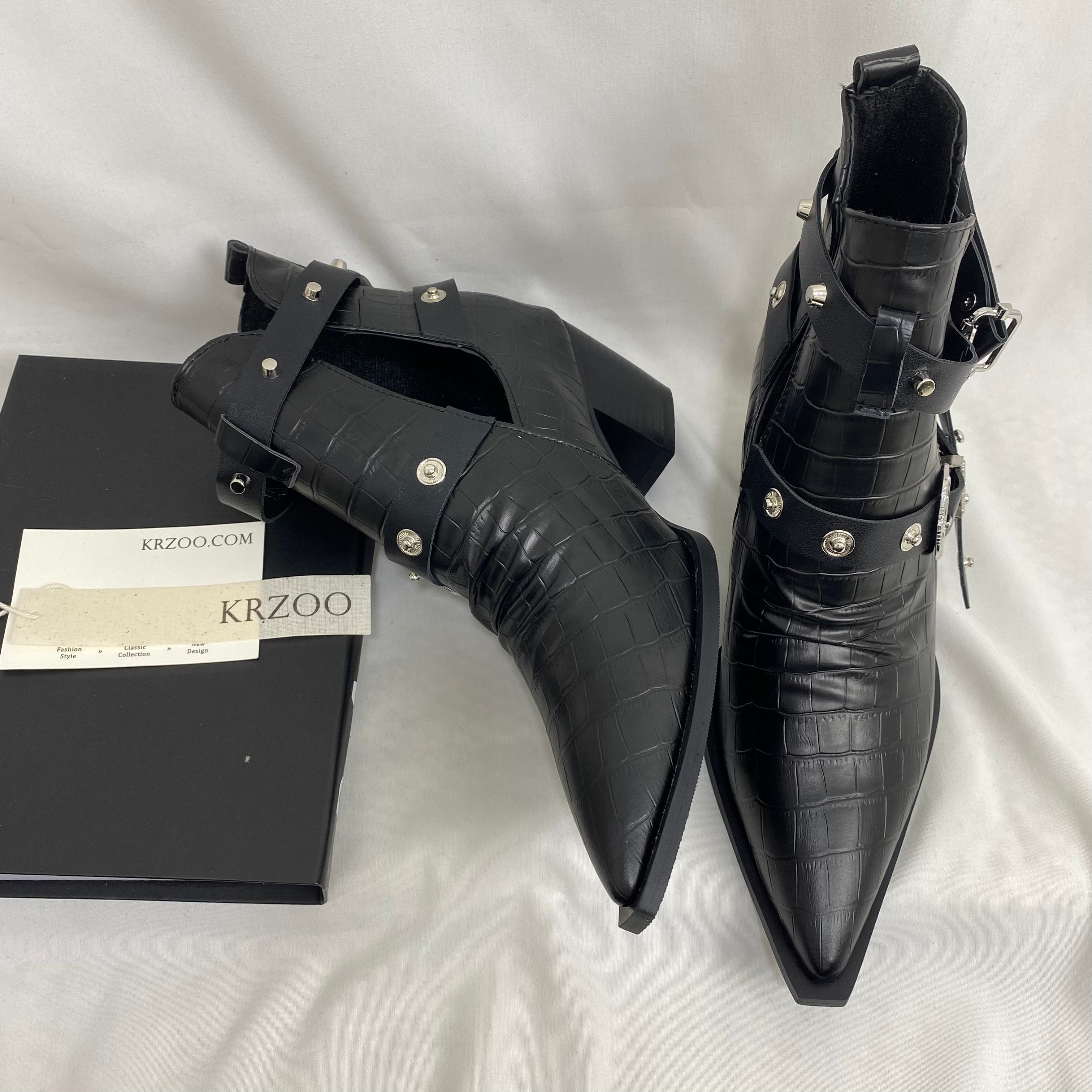 Black Leather Buckle Ankle Boots