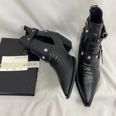 Black Leather Buckle Ankle Boots