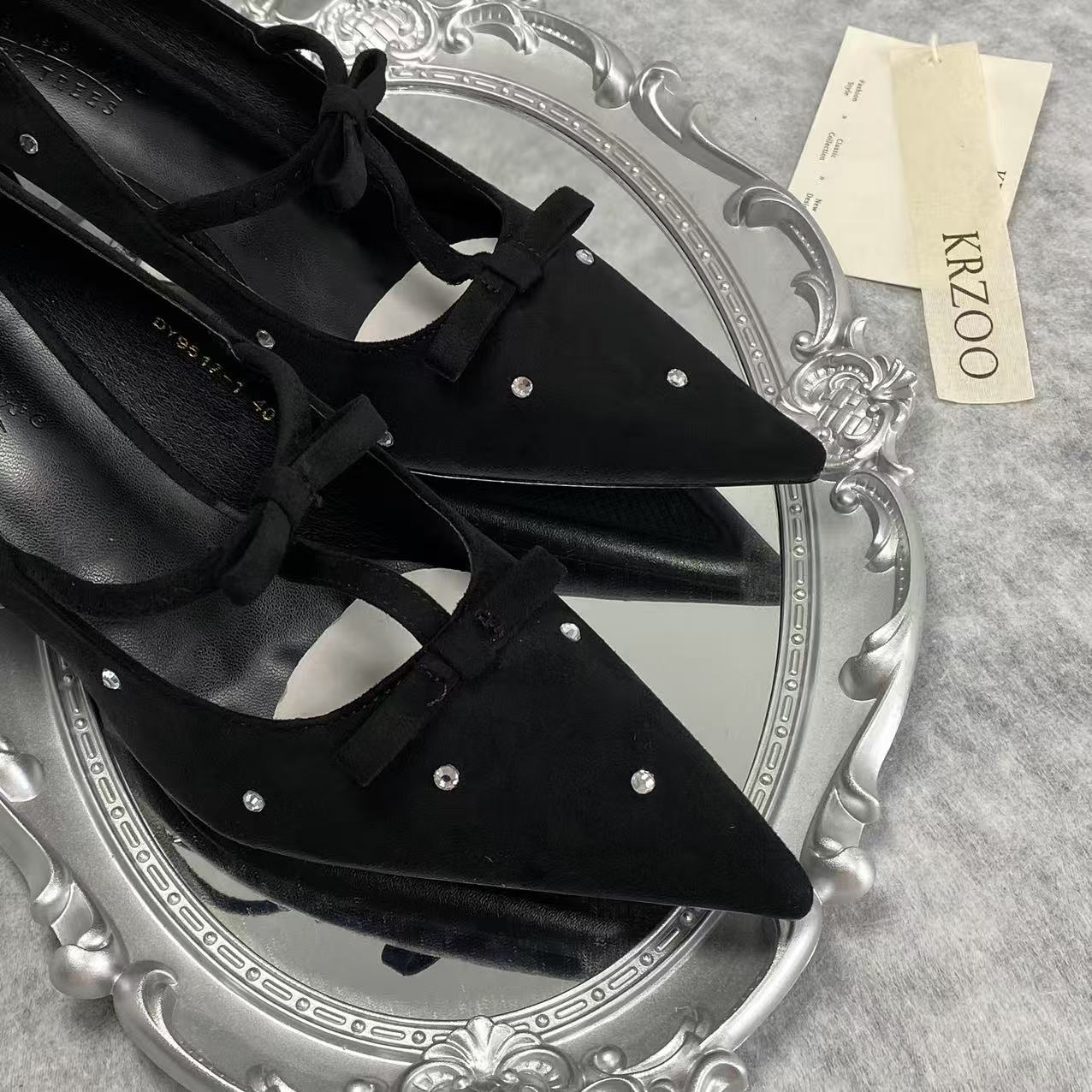 Bowsquare-toe black rhinestone high heels