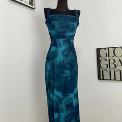 Sleeveless Boat Neck Printed Slit Dress