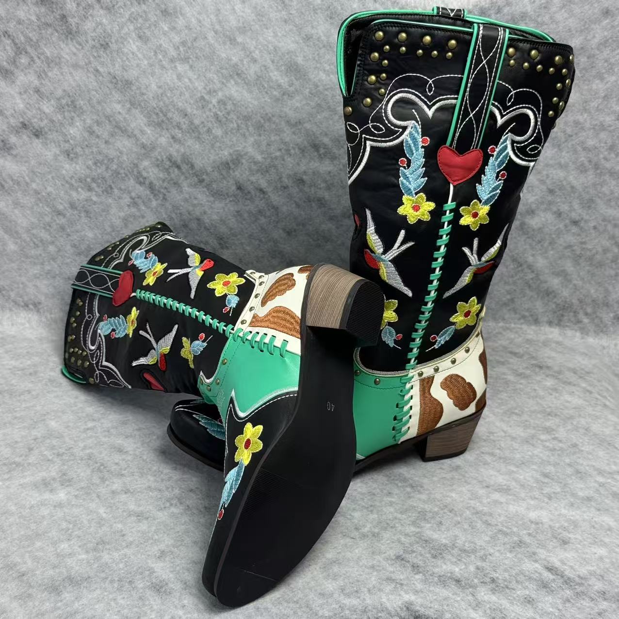 Embroidered rivet color-matched high boots