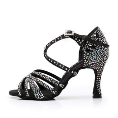 Women's Black Customized Heel Strappy Dance Shoes With Crystals