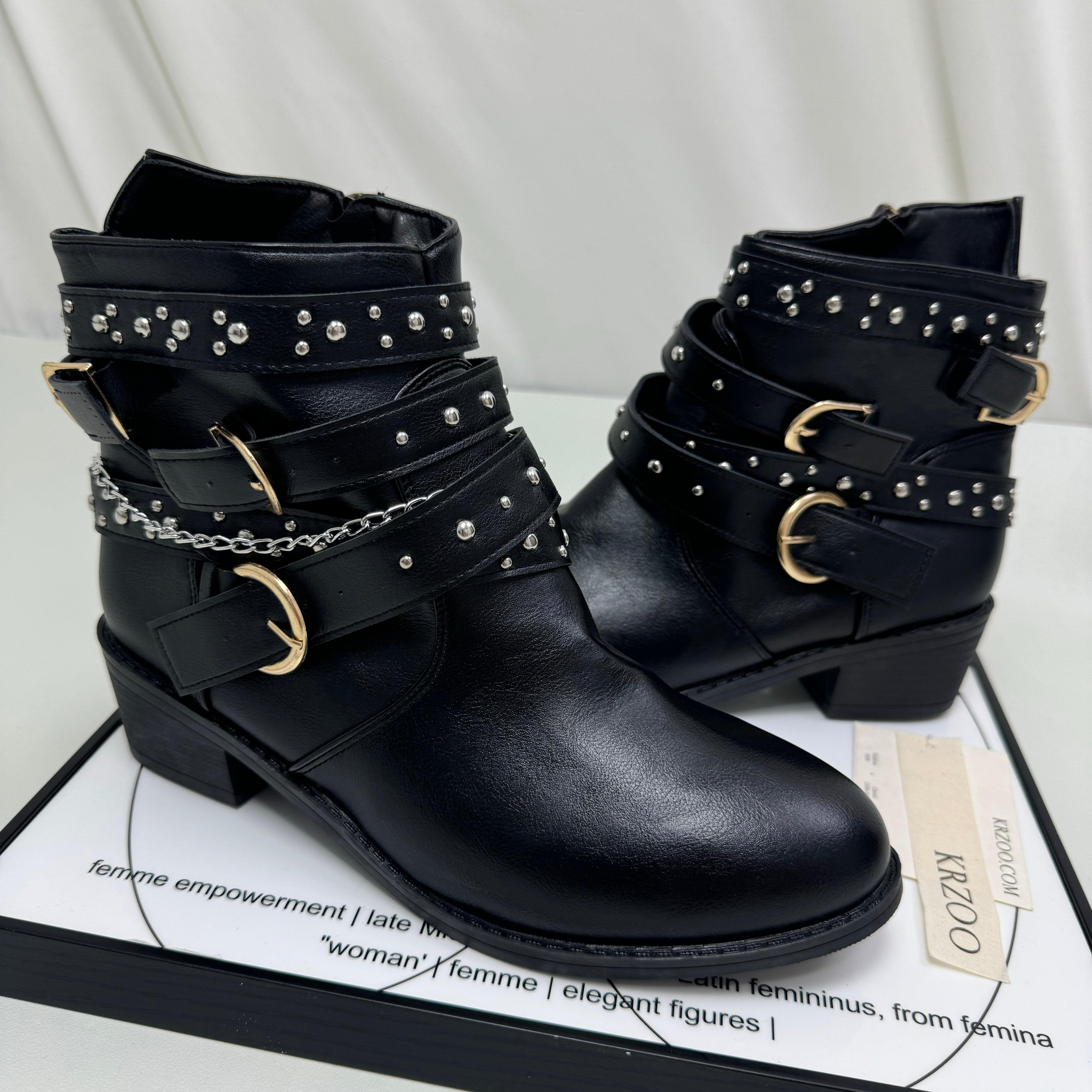 Punk-style rivet mid-calf boots