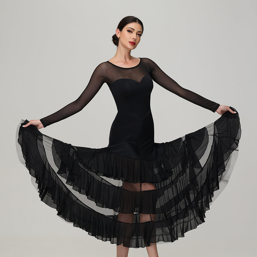 Customisable-Women's Round Neck Long Sleeve WaltModern Ballroom Dance Dress Competition Dresses