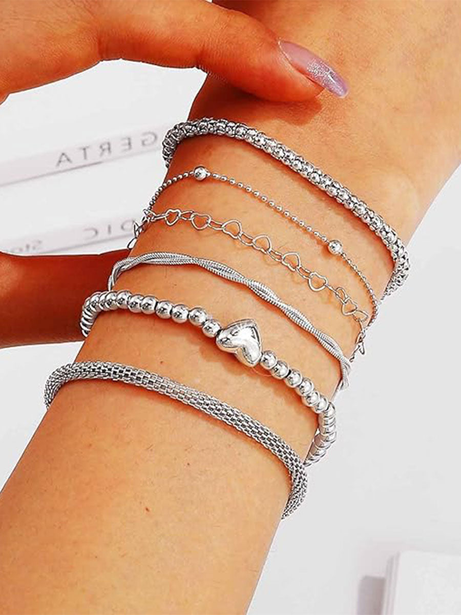Layered Beaded Silver Heart Bracelet Set (6 Pieces)