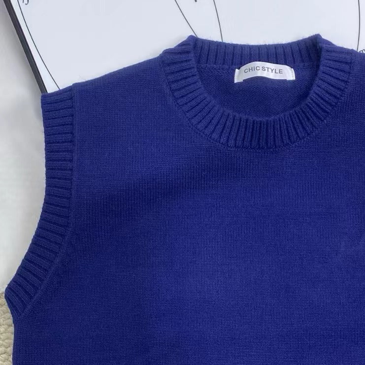 Round Neck Solid Color Knitted Vest