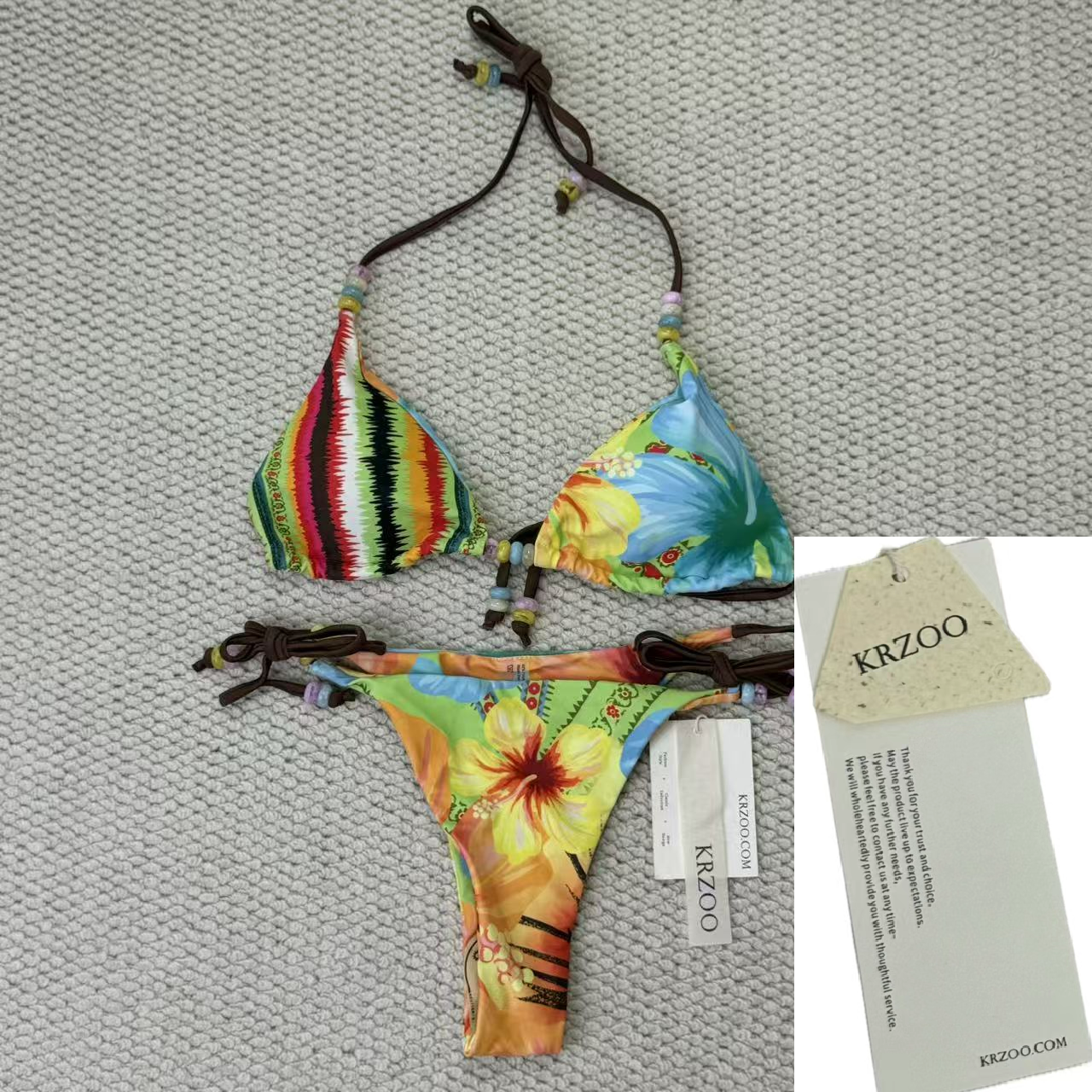 Tropical flower print beaded strapless bikini