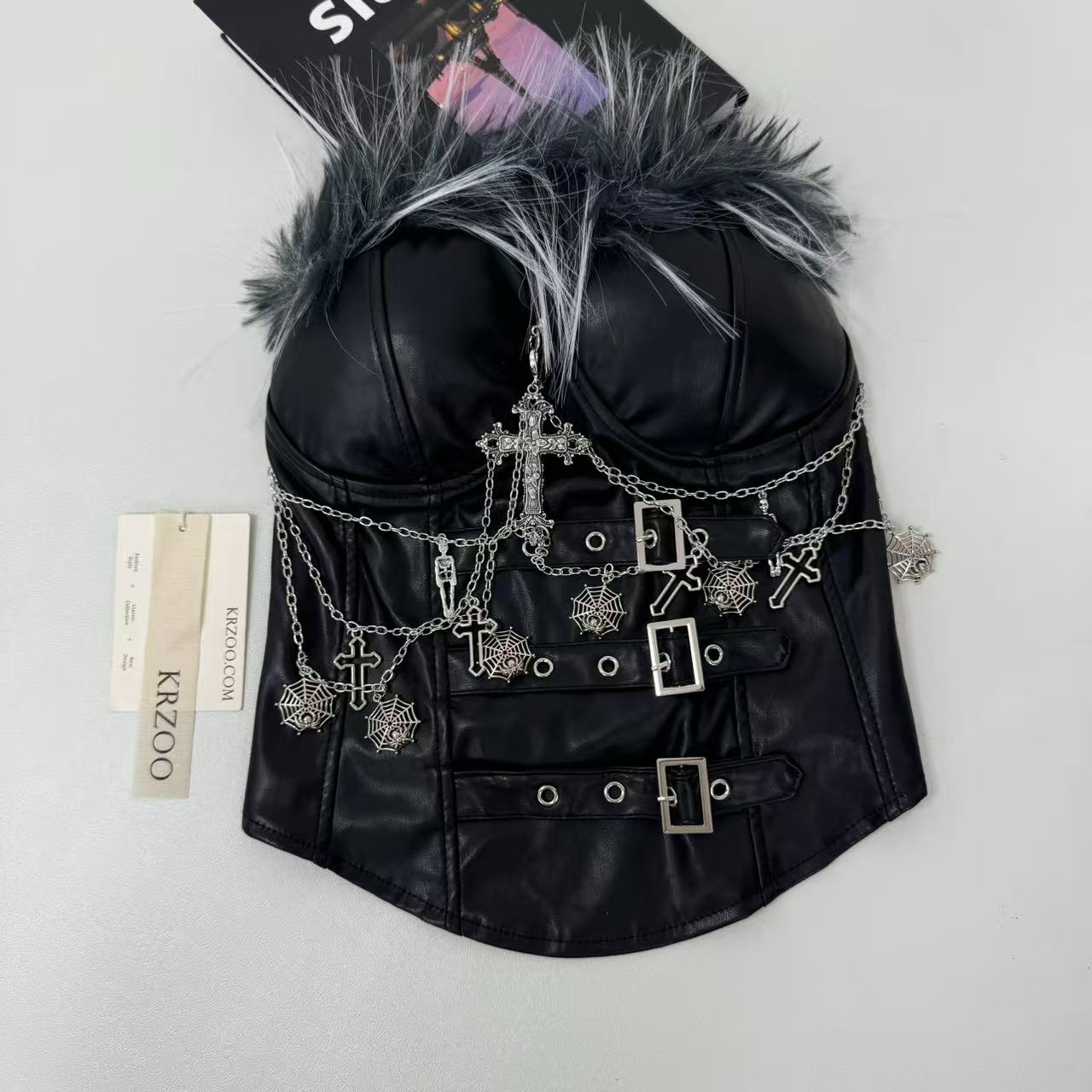 Ruffled PU leather strapless top
