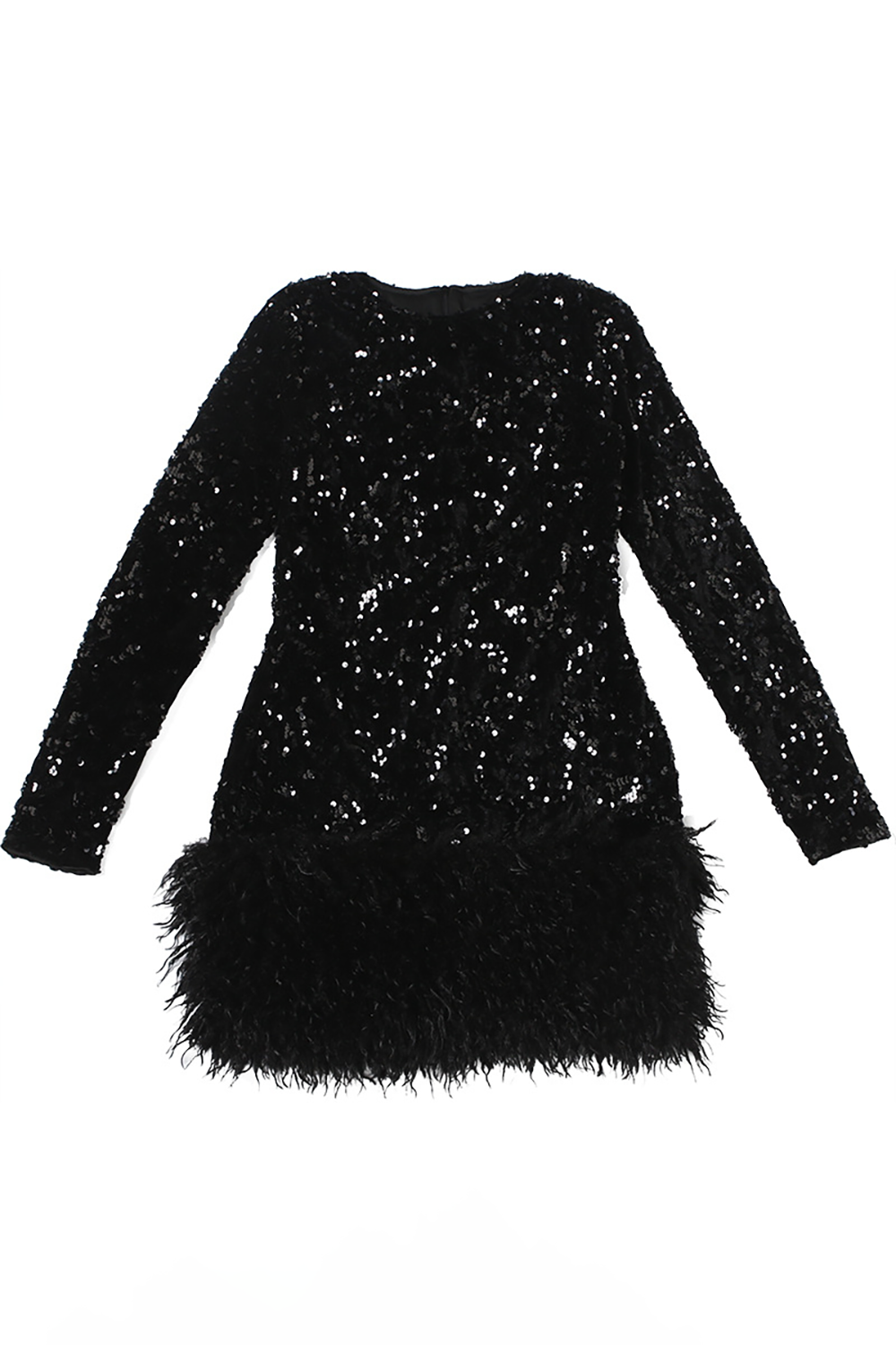 Sequins Round Neck Long Sleeve Plush Patchwork Hem Mini Dresses-Black
