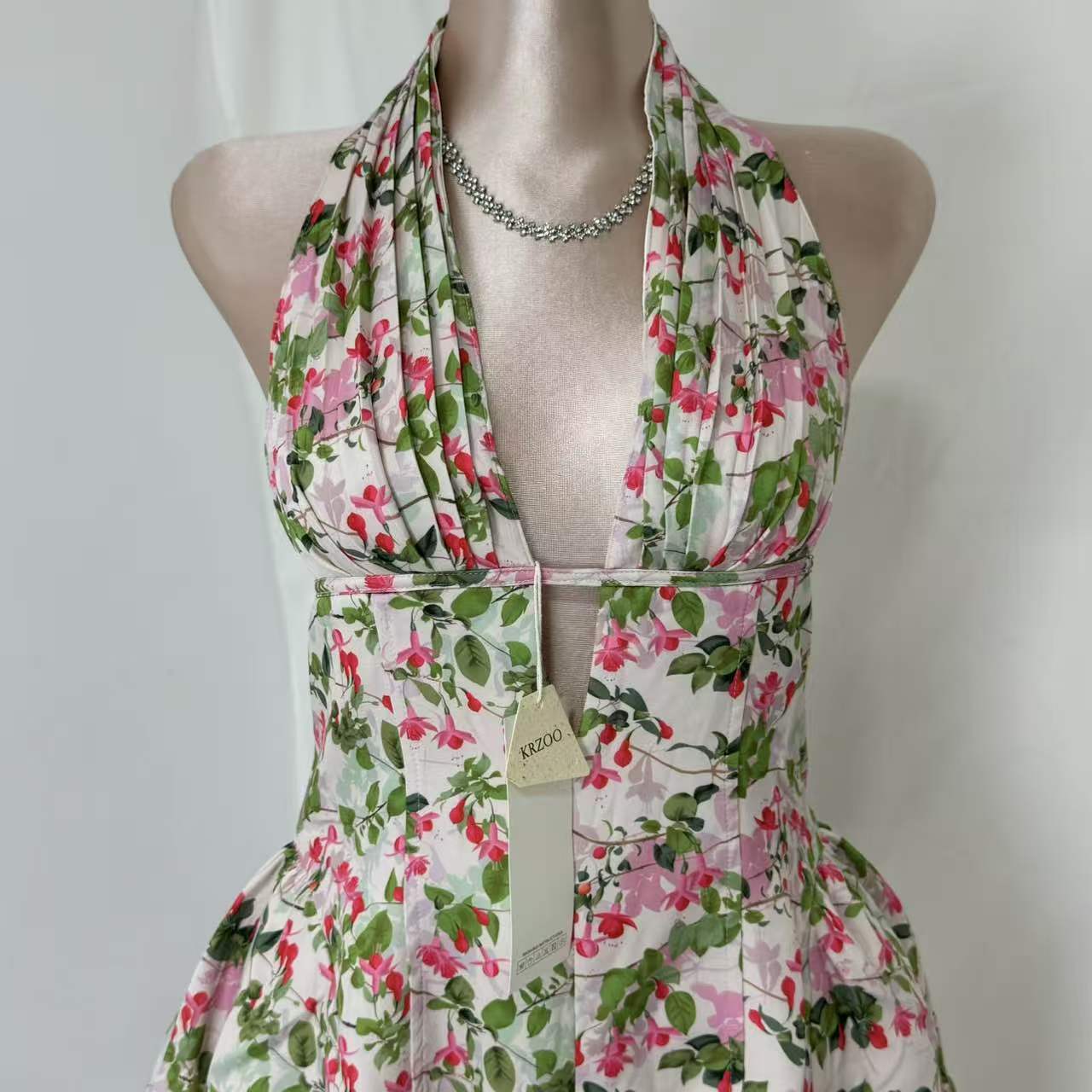Deep V-Neck Halter Dress With Vintage Print
