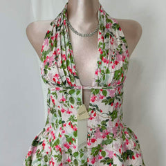 Deep V-Neck Halter Dress With Vintage Print
