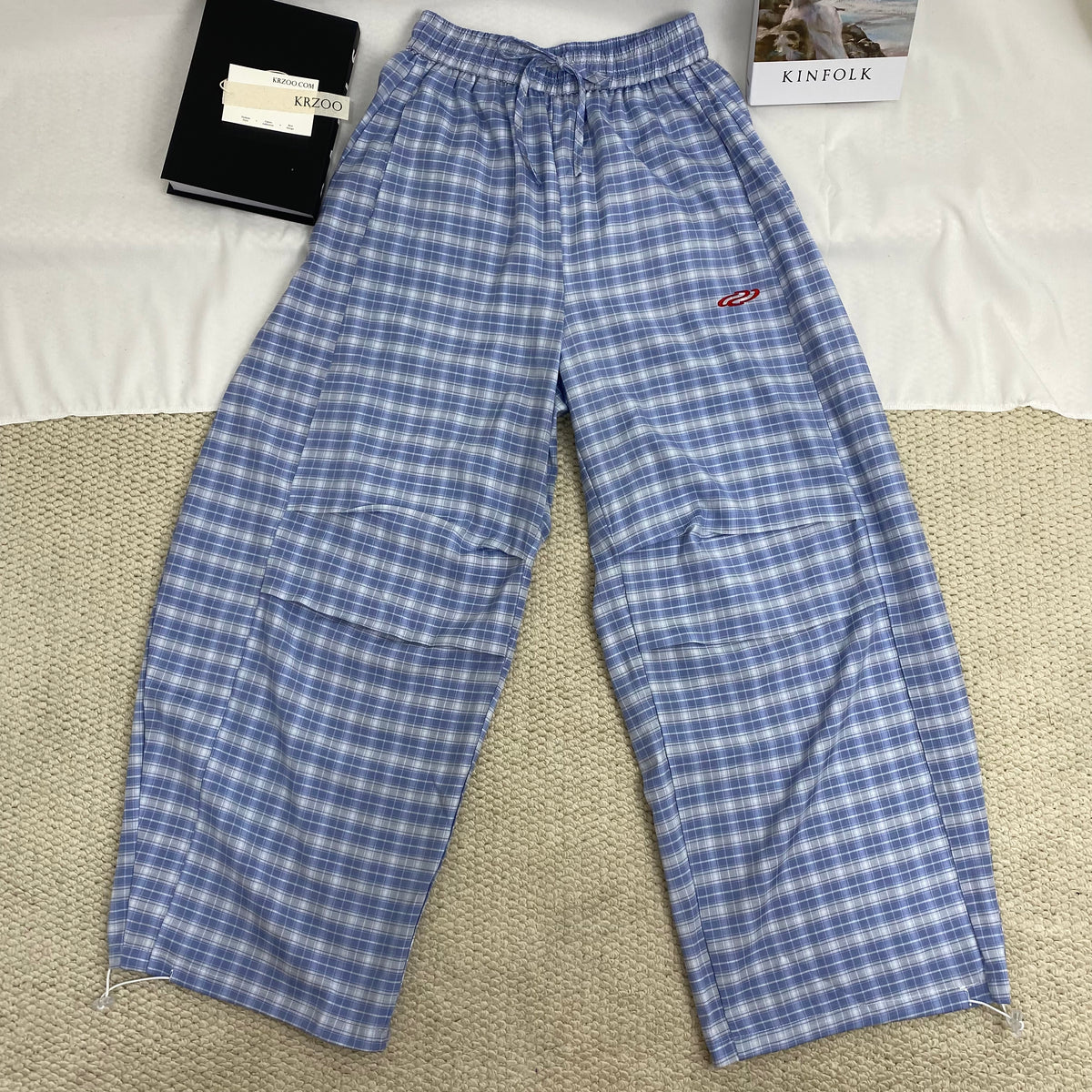Retro Blue Curved-Leg Plaid Trousers