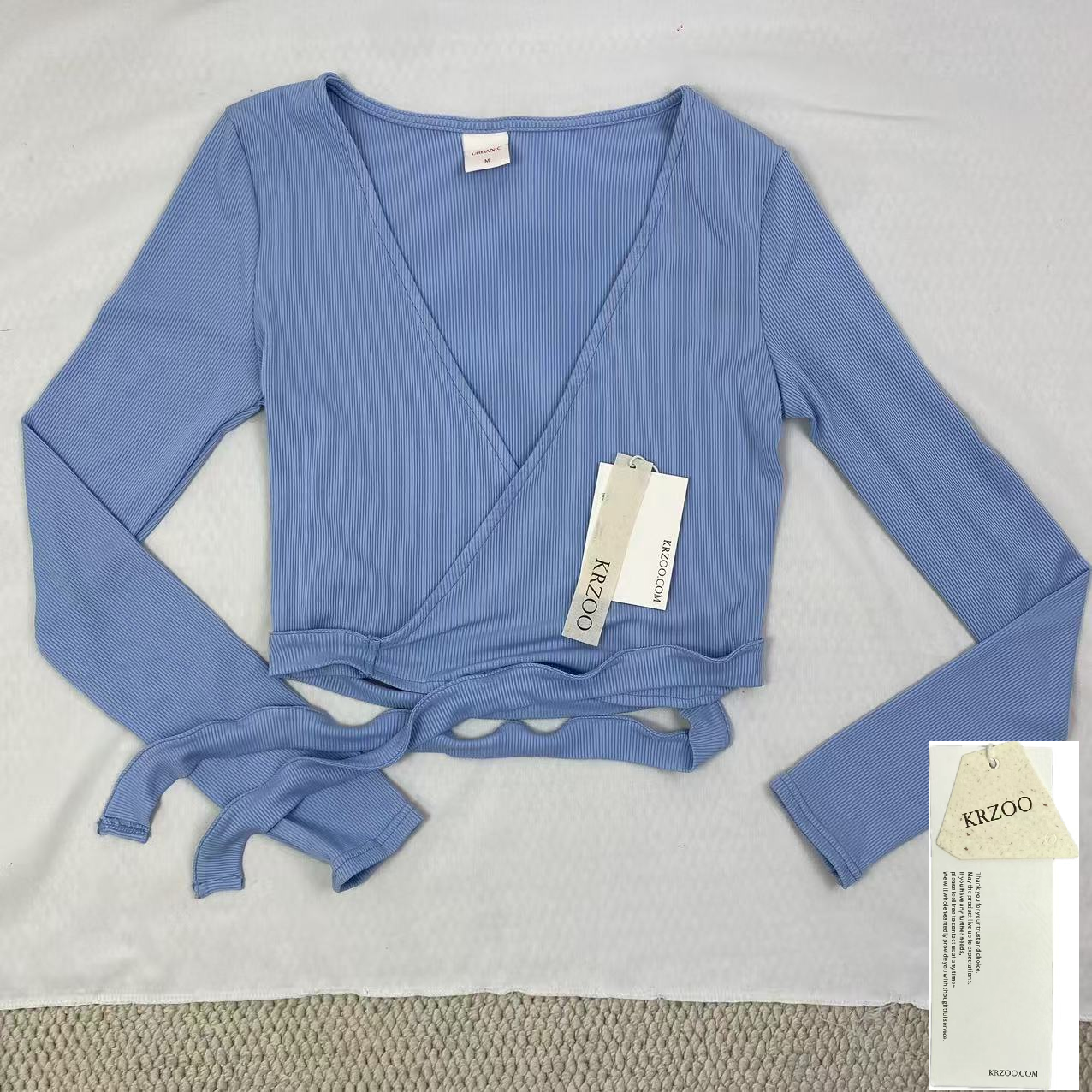 Solid-color V-neck strap long-sleeved top