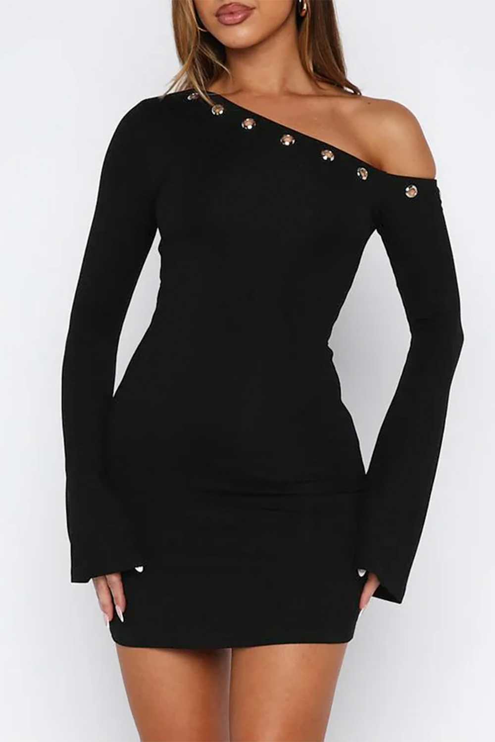 Eyelets Trim Skew Neck Flare Sleeve Plain Slim Fit Mini Dresses-Grey