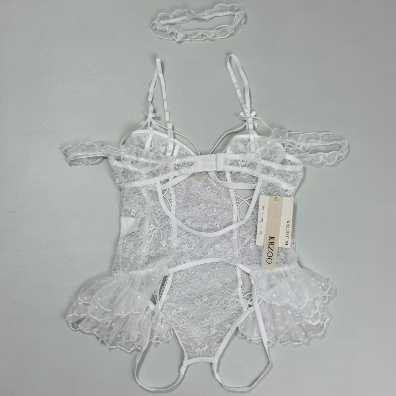Backless and low-cut one-piece net-sheer uniform set