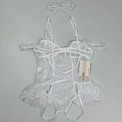 Backless and low-cut one-piece net-sheer uniform set