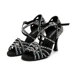 Women's Black Customized Heel Satin Rhinestones Strappy Dance Shoes