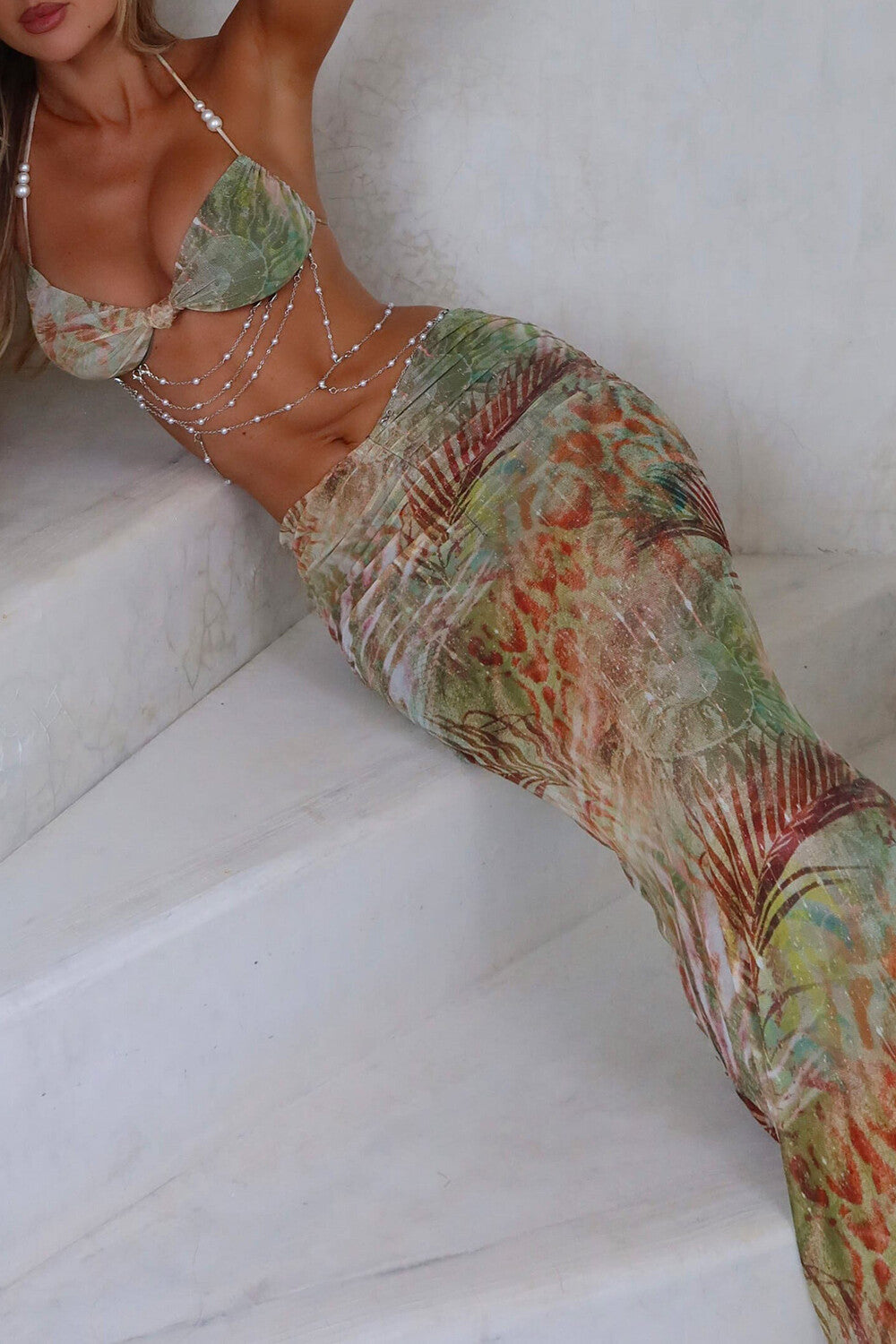 Beady Chains Halter Bra Plants Print Maxi Skirt 2pcs Set Green