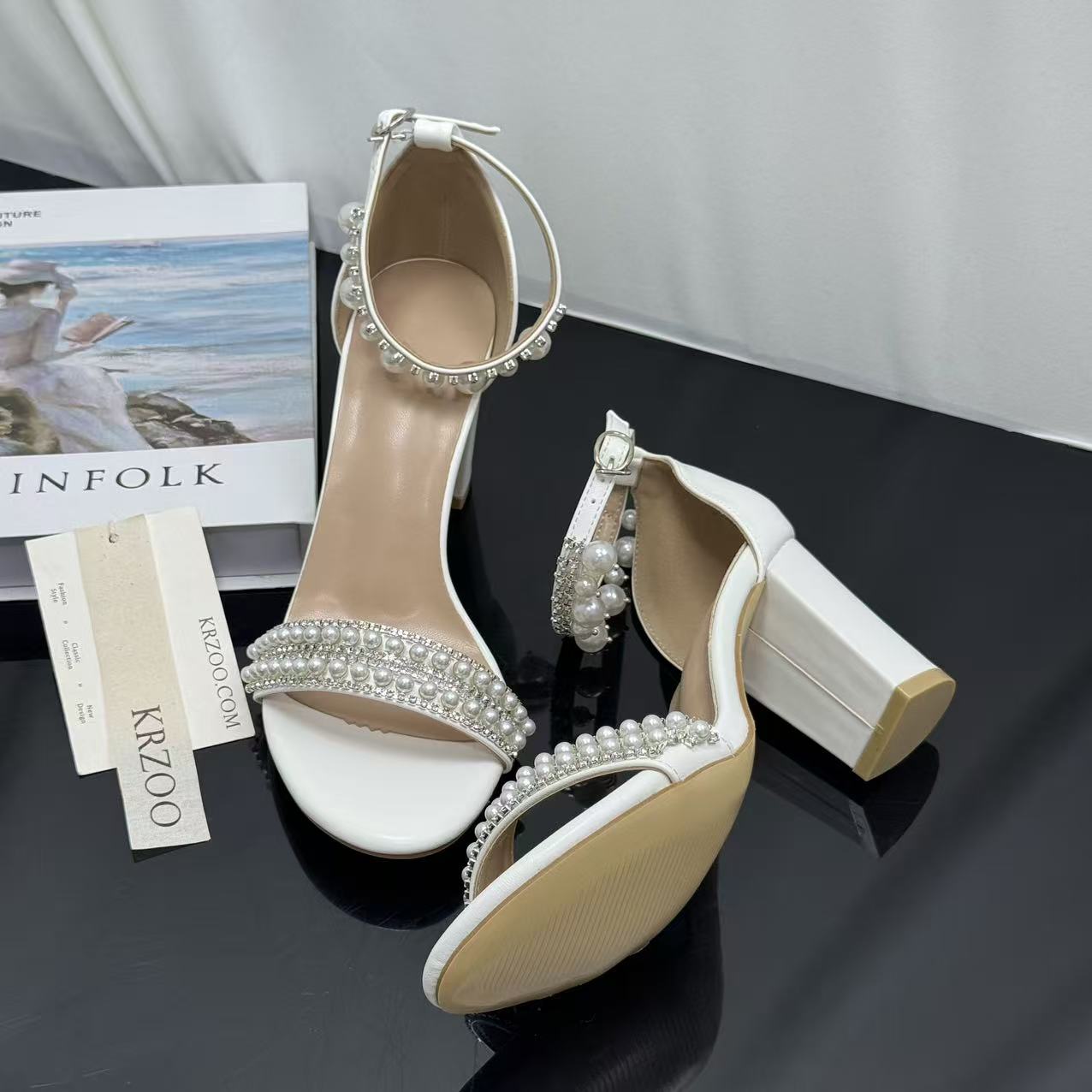 White ankle strap pearl necklace sandals