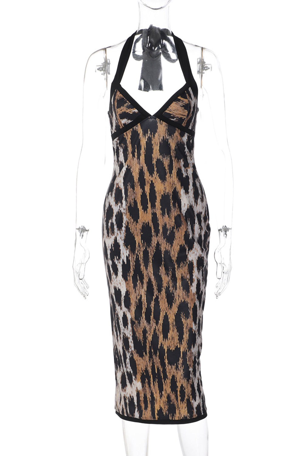 Halter V Neck Leopard Print Split Hem Bodycon Midi Dresses-Brown