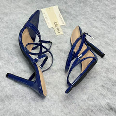 Pointed-toe patent leather cross ankle strap high heels