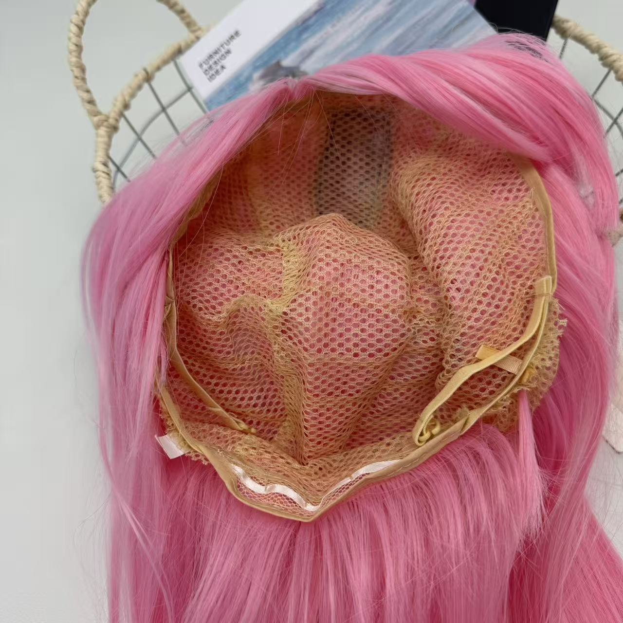Pink long hair air-pressed fringe wig headgear