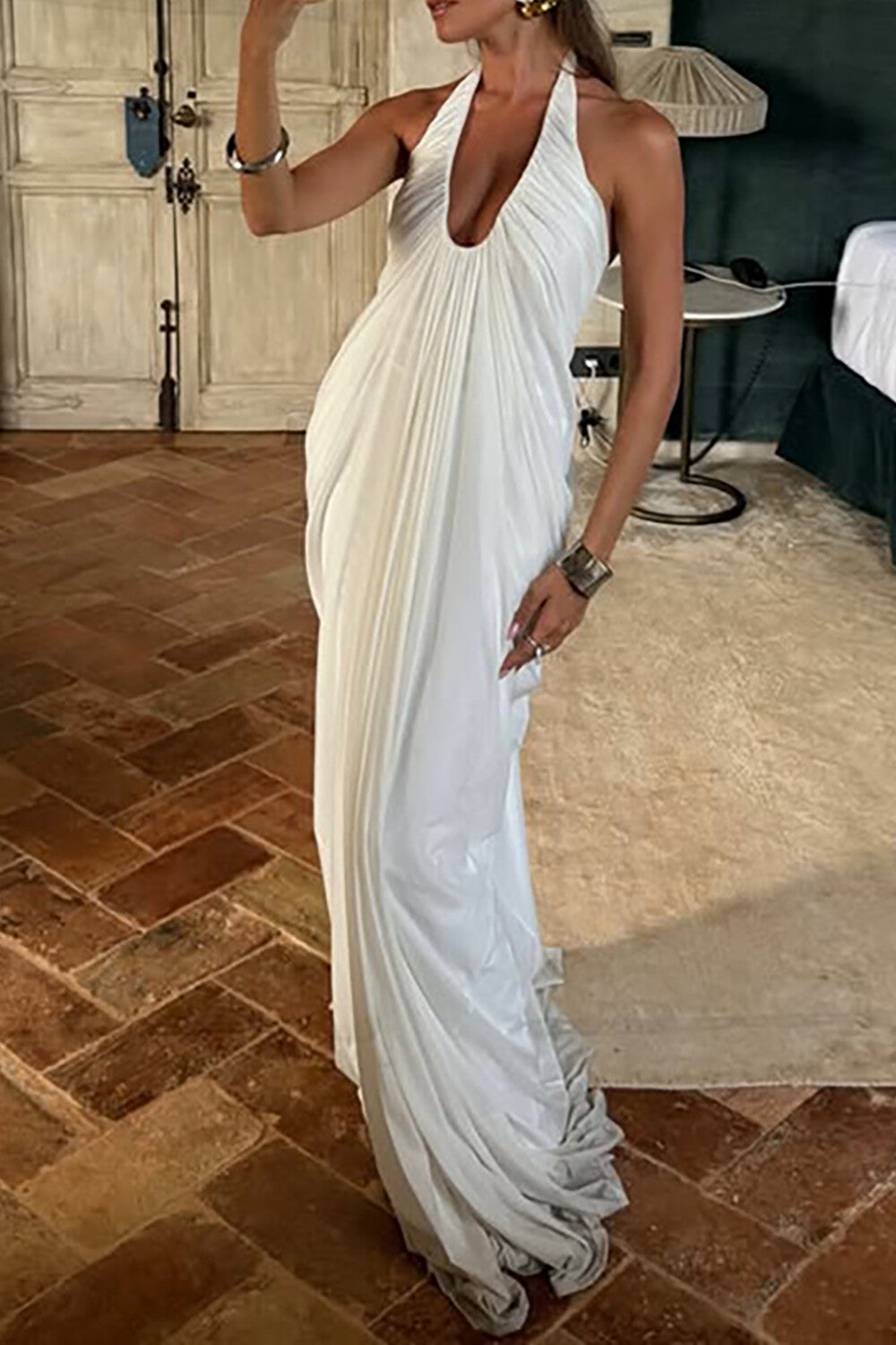 Deep V Neck Halter Ruched Solid Color Maxi Dresses-White