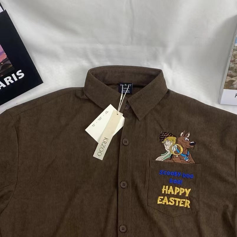Letter Embroidered Corduroy Shirt